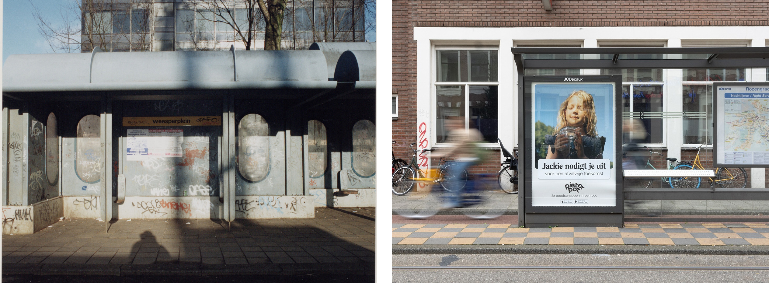 Two bus shelters in Amsterdam side by side. The left one is tagged and weathered with a bill jammed in its advertising frame; the right one is clean and lit with a campaign poster behind glass.